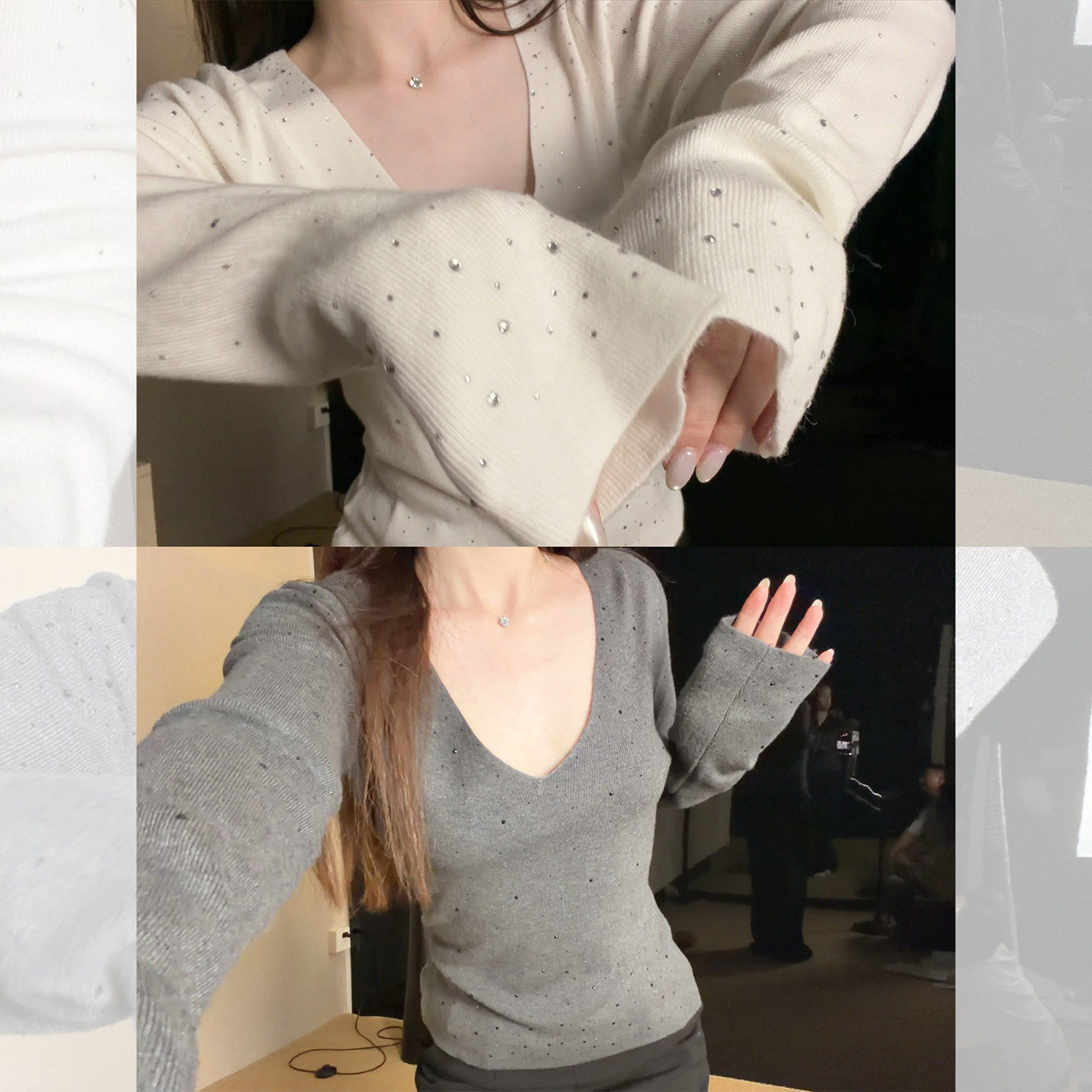 米白色重工烫钻v领针织衫女秋冬超好看修身显瘦内搭弹力打底上衣,女装/女士精品,毛针织衫,淘宝优惠券,粉丝福利购,淘宝优惠卷