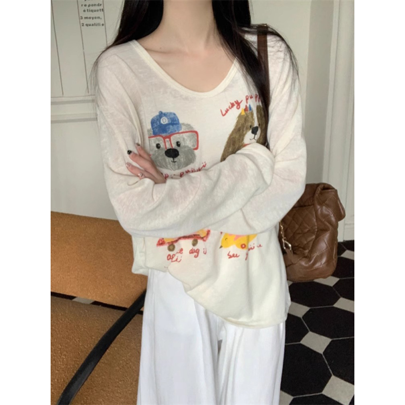 v领冰丝长袖t恤女夏季薄款微透慵懒宽松卡通趣味印花防晒罩衫上衣