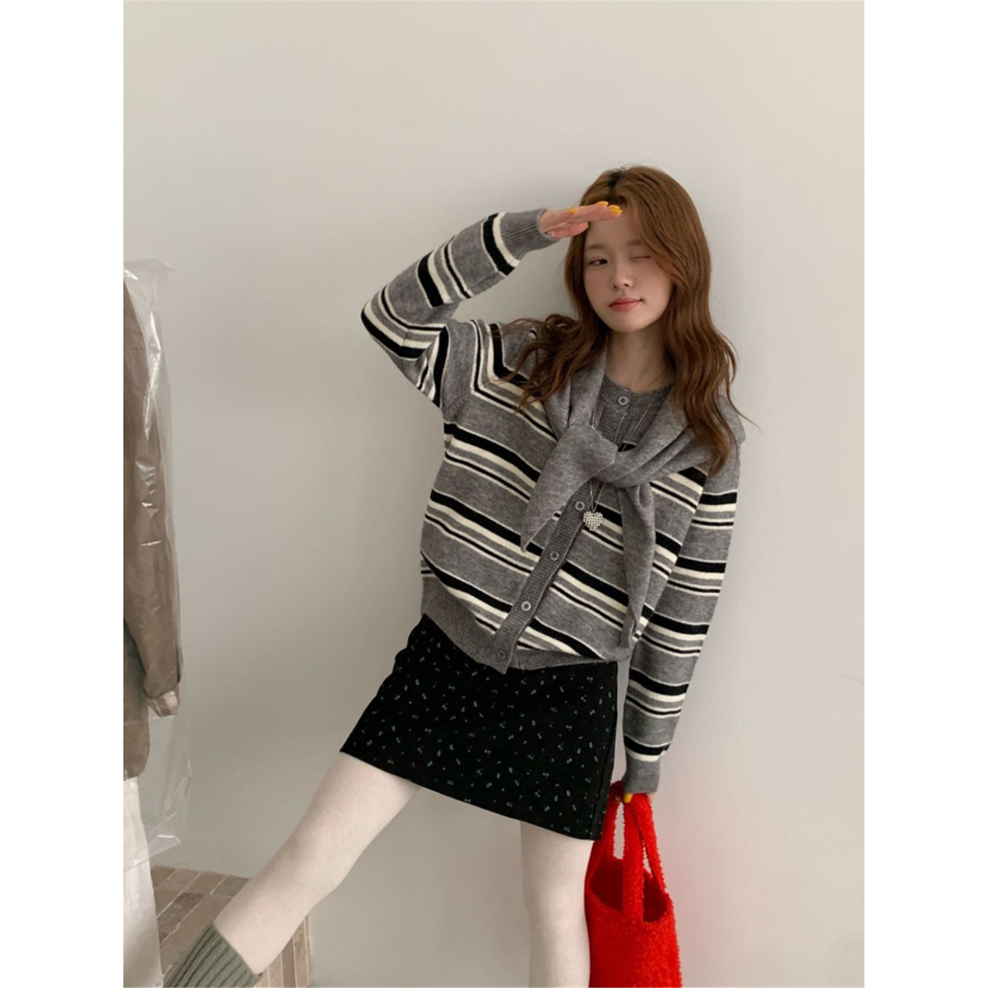 撞色条纹针织开衫外搭女秋冬韩系配裙子毛衣短外套小个子外搭上衣