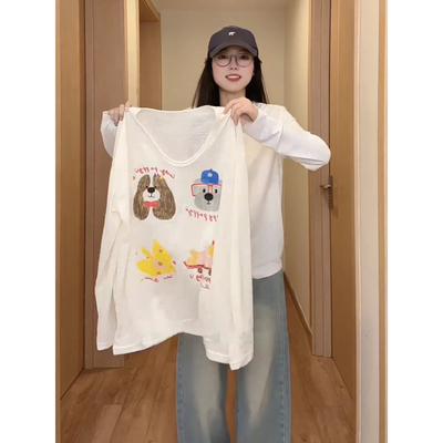 冰丝t恤女长袖夏季薄款慵懒风宽松减龄趣味卡通印花防晒罩衫上衣