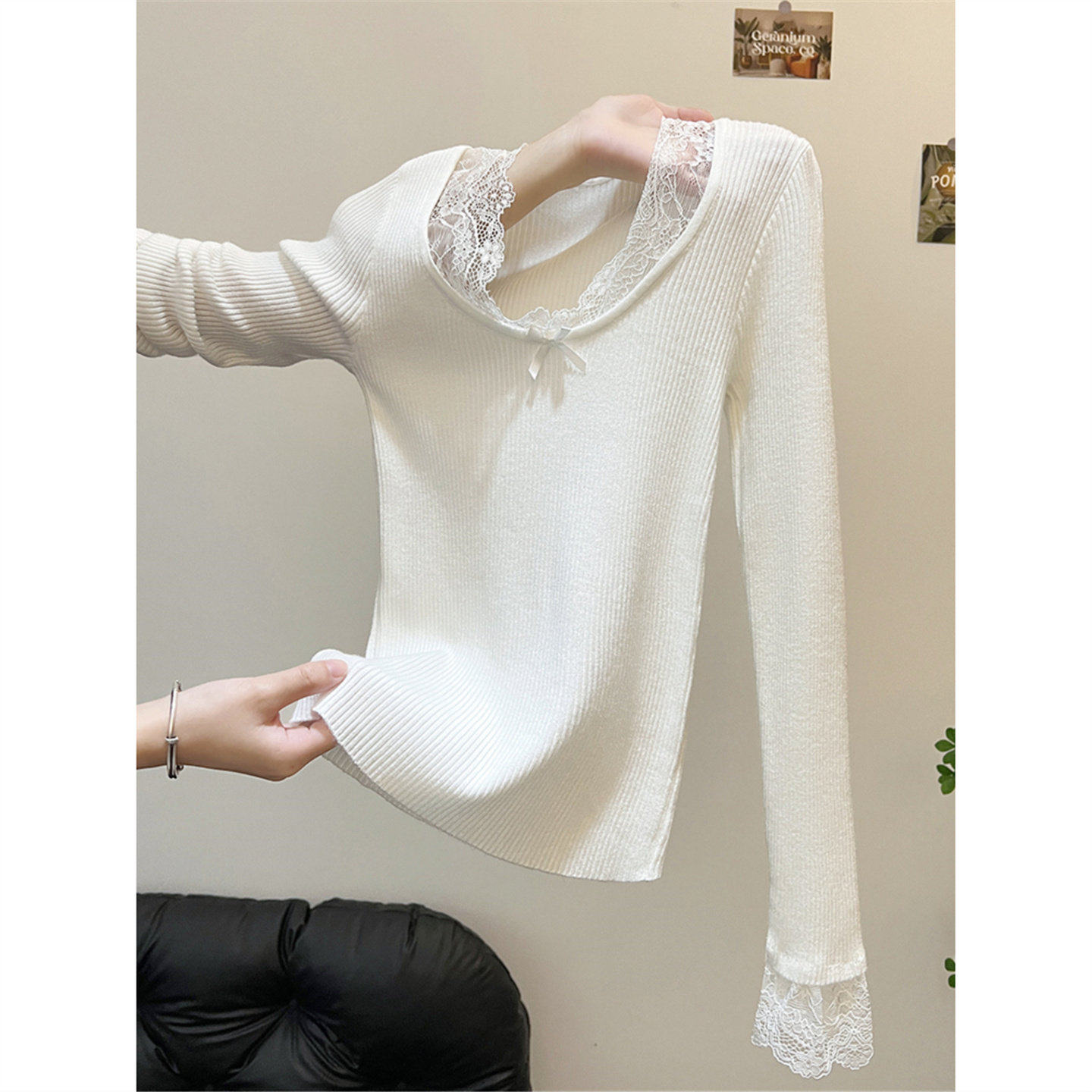 秋冬韩系纯欲风蝴蝶结蕾丝拼接长袖打底针织衫上衣白色内搭毛衣女,女装/女士精品,毛针织衫,淘宝优惠券,粉丝福利购,淘宝优惠卷