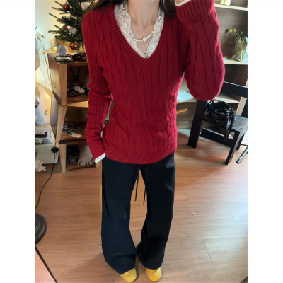 新年圣诞节红色麻花毛衣女秋冬季内搭修身显瘦长袖打底针织衫上衣