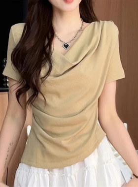 黄色荡领t恤女夏季短袖修身收腰褶皱正肩设计感不规则纯棉上衣服