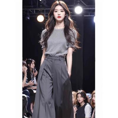 正肩灰色t恤女短袖夏季韩系设计高级感气质百搭修身冰丝针织上衣