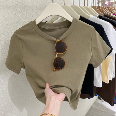圆领正肩纯棉t恤女短袖夏季2025新款百搭修身显瘦短款小个子上衣