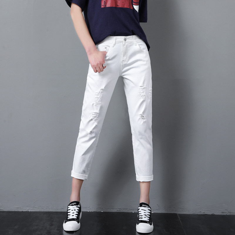破洞白色牛仔裤女宽松百搭萝卜裤女夏薄款八分哈伦老爹九分乞丐裤