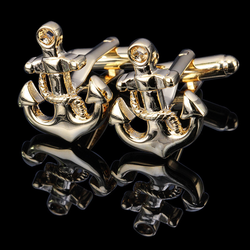 盒装 高品质金色船锚袖扣 cufflinks 法式衬衫树叶超人袖扣袖钉