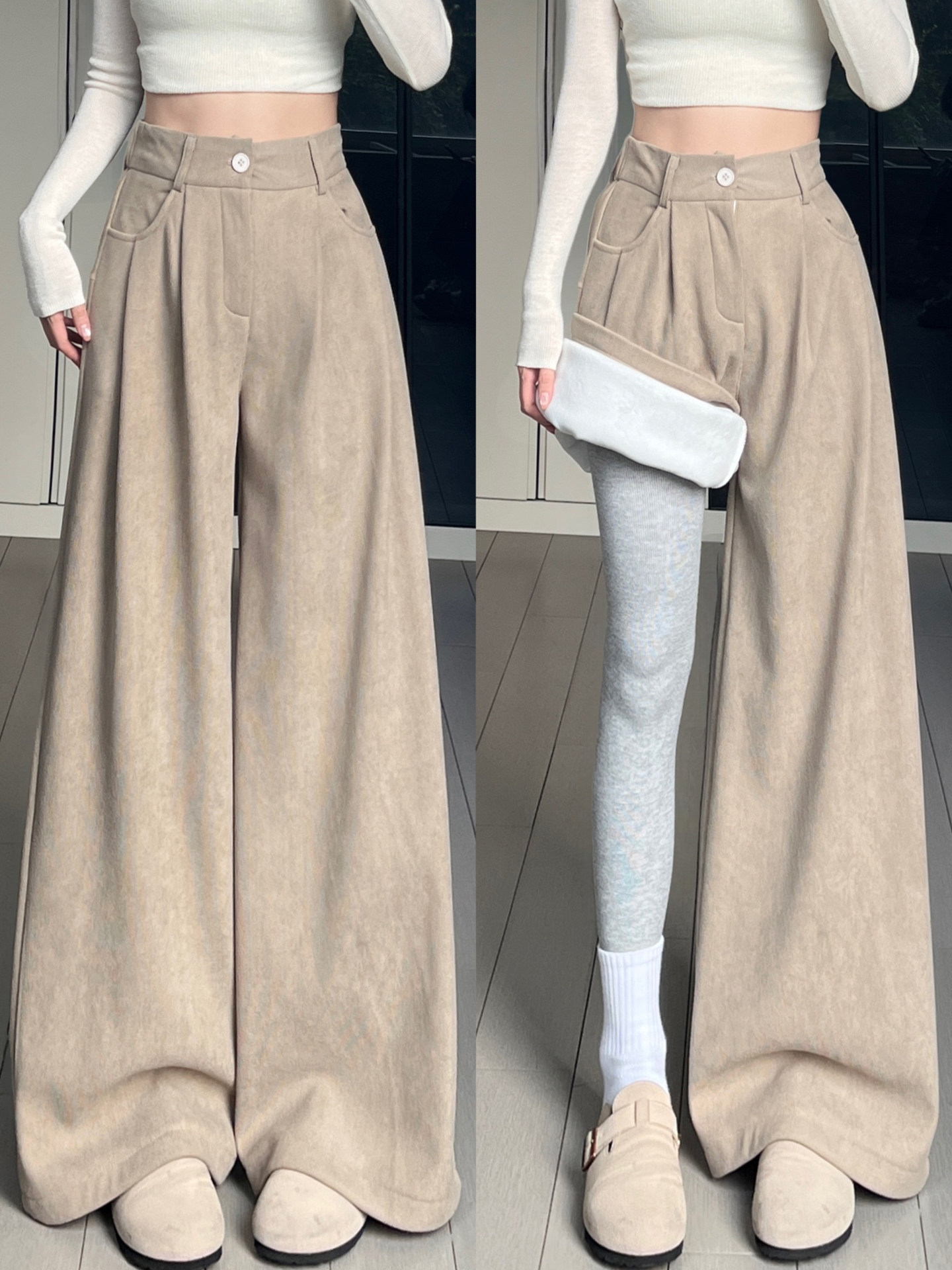 茶灰色灯芯绒阔腿裤女秋冬2025款小个子高级感加绒休闲垂感西装裤