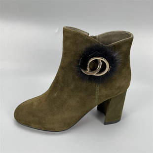 35码 靴真皮粗高跟7cm靴子34 洋气中年妈妈时装 女士羊猄绒短靴秋季