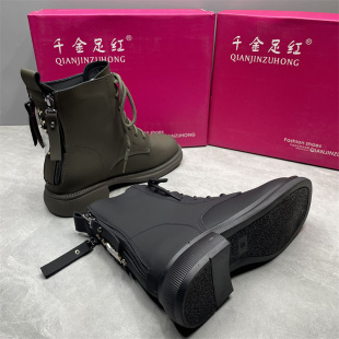 软皮马丁靴女英伦风秋季 加绒保暖短靴平底大头靴系带芒果头及踝靴