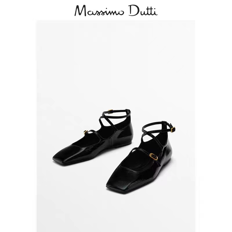 Massimo Duti女鞋 2024春新款平底真皮方头玛丽珍鞋芭蕾舞鞋单鞋