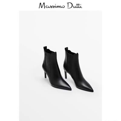 Massimo Duti2024新款女鞋黑色真皮尖头细高跟鞋弹力踝靴时装短靴