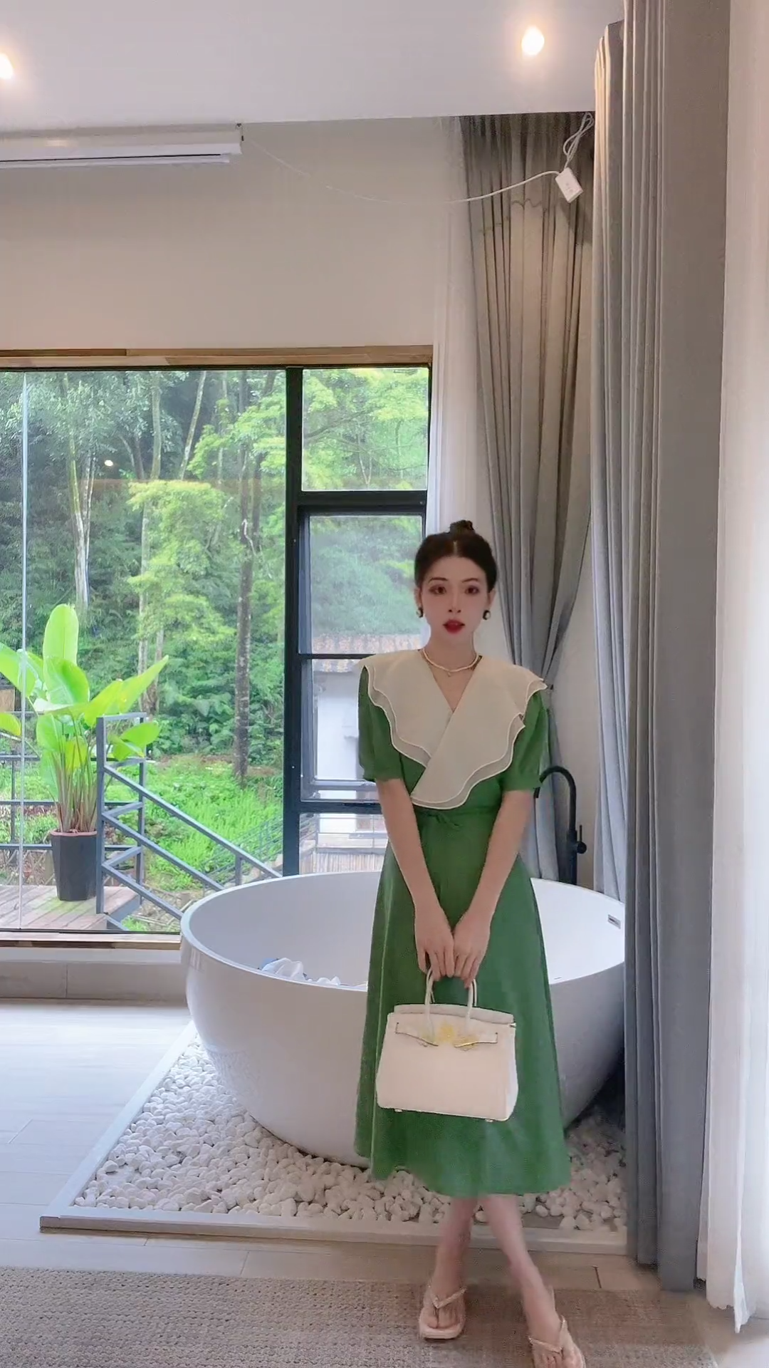 大翻领V领气质连衣裙荷叶仙女裙