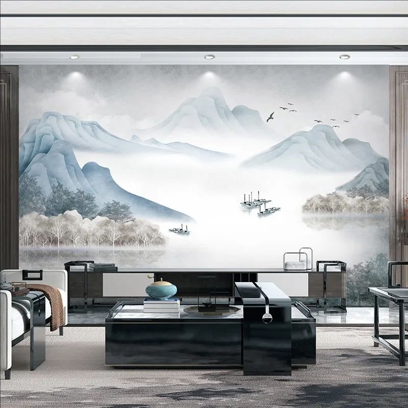 新中式意境水墨山水电视背景墙壁纸3d立体客厅现代墙布8d大气壁画
