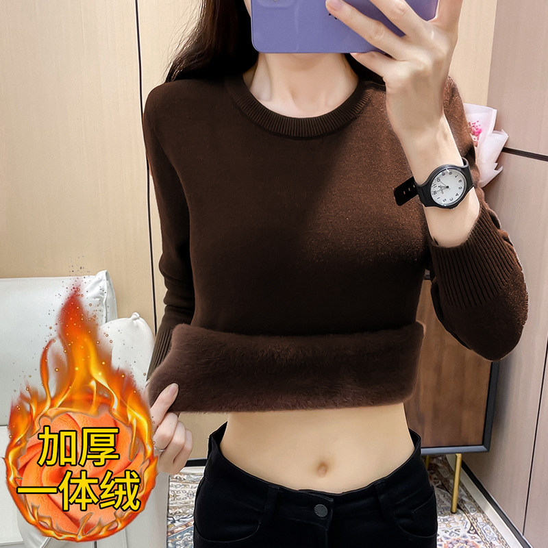 秋冬加绒加厚羊毛线衣女圆领保暖羊绒一体绒打底衫针织衫内搭毛衣