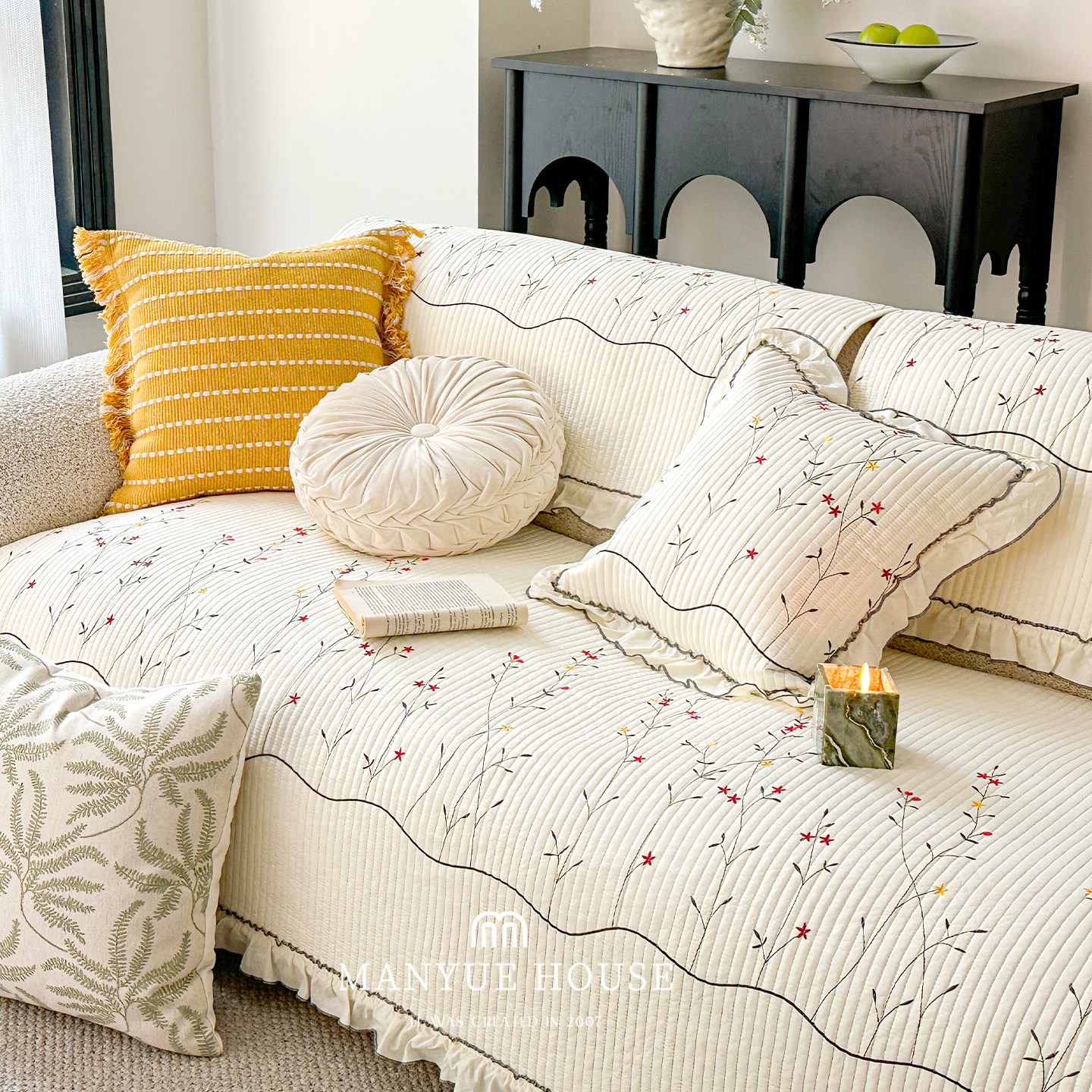 M.life 纯棉水洗棉 绣花全棉沙发垫靠背巾坐垫沙发套罩盖巾四季款