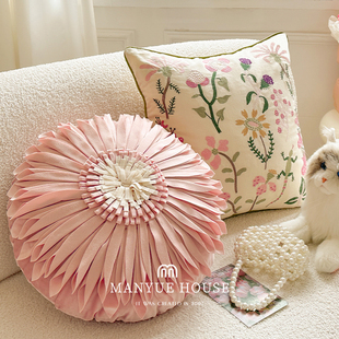 靠枕圆蒲团靠背腰枕抱枕套 绣花抱枕靠垫卧室软装 M.life ins风法式