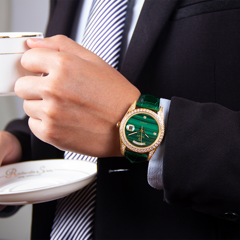 START孔雀石男士手表满钻自动机械表防水蝴蝶扣鳄鱼皮表带