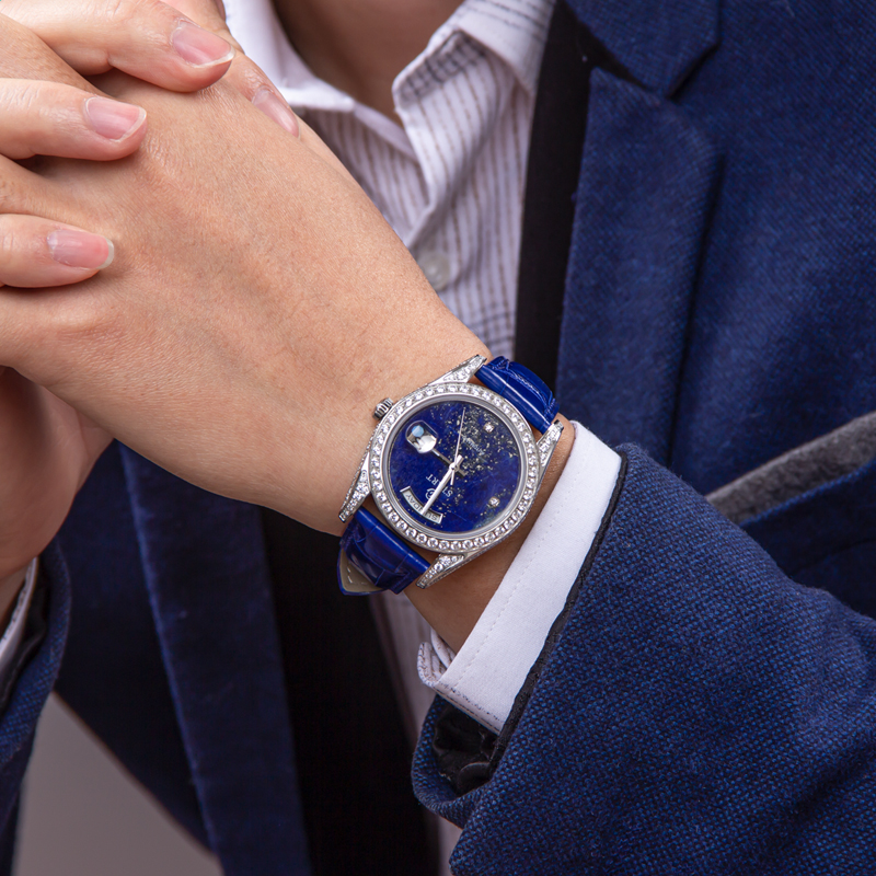 START青金石男士手表满钻自动机械表防水蝴蝶扣鳄鱼皮表带