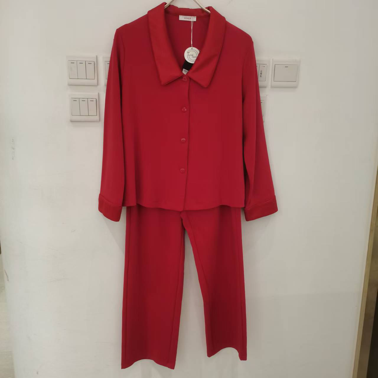 爱慕开运24好棉睡衣女秋冬红色棉质开衫长袖分身家居套装AM46A081