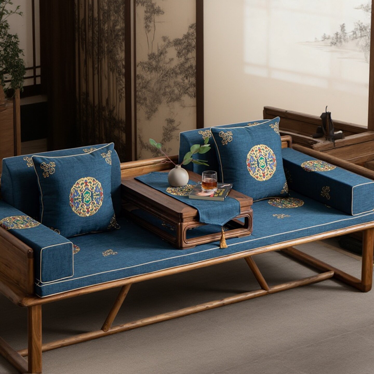 罗汉床坐垫五件套中式红木沙发坐垫防滑垫四季通用棉麻椰棕海绵垫