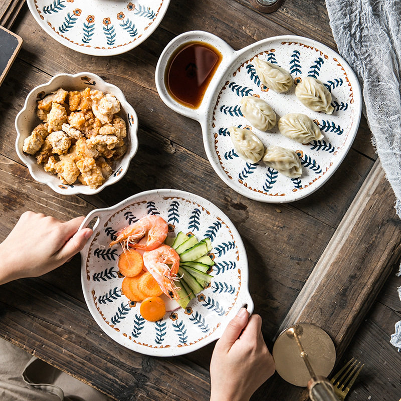 日式ins复古创意粗陶家用碗盘餐具菜盘米饭碗手绘水果沙拉盘早餐