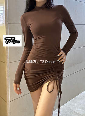 TZDance拉丁舞服成人少儿秋冬长袖咖色花朵小高领抽绳连衣裙包臀