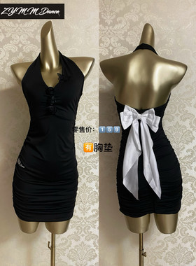 减龄大码微胖女孩福音拉丁舞服国标舞女露背飘带蝴蝶结挂脖连衣裙