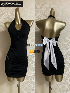 减龄大码微胖女孩福音拉丁舞服国标舞女露背飘带蝴蝶结挂脖连衣裙