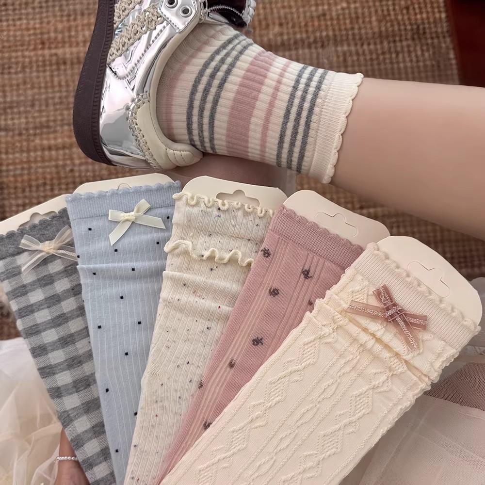 蝴蝶结无骨袜子女中筒袜春夏季薄款芭蕾风灰蓝韩版ins堆堆袜棉袜