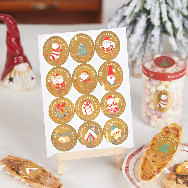 圣诞金色烫金贴纸烘焙甜点玛格丽特曲奇饼干包装盒甜品罐装饰封口