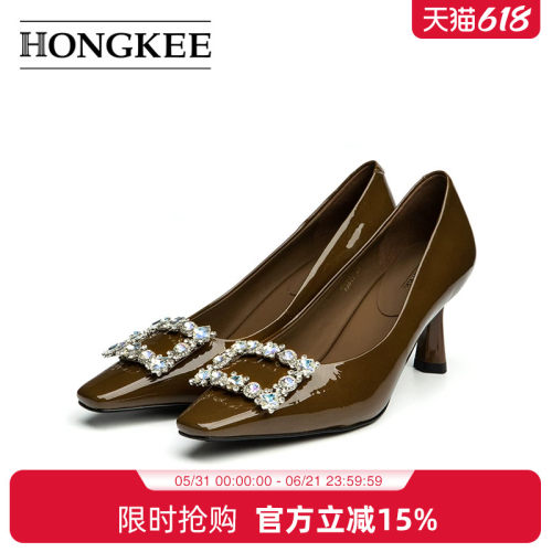 Hongkee/红科女鞋2025新款秋季时尚方扣牛漆皮细跟高跟鞋HA85S305