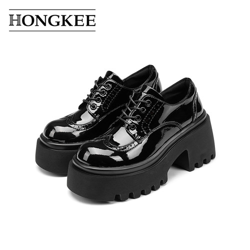 Hongkee/红科2024秋新款女鞋厚底英伦学院风系带深口单鞋HD94D314