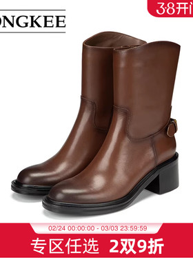 Hongkee/红科女靴2025新款牛皮英伦风粗跟帅气短靴骑士靴HC25S412
