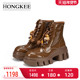 Hongkee 红科靴子女2025新款 超好看厚底小个子亮面马丁靴HA85M412
