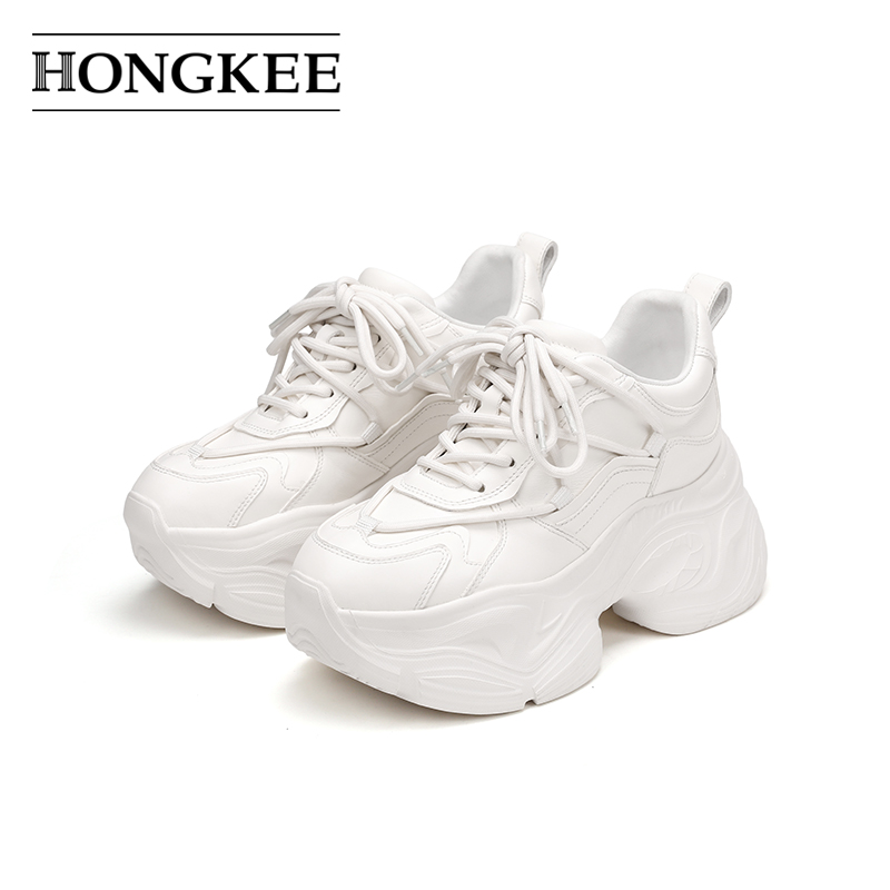Hongkee/红科老爹鞋25春季新款牛皮厚底增高系带休闲女鞋H525D100