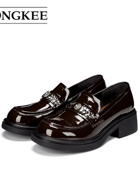 Hongkee/红科乐福鞋2026春季新款牛皮漆皮粗跟通勤女单鞋H816D101