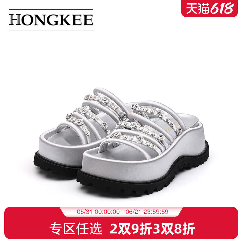 Hongkee/红科拖鞋女外穿夏2025新款时尚厚底增高罗马凉鞋H805D211