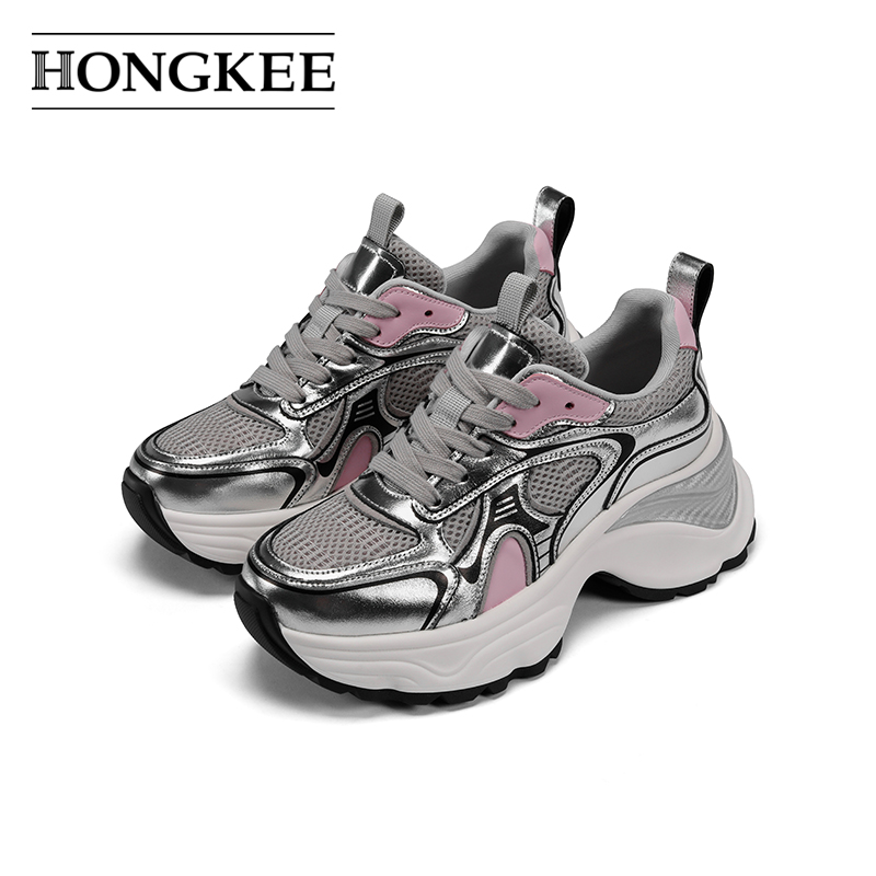 Hongkee/红科鞋子女2024新款网面休闲老爹鞋厚底时尚女鞋HB24X103
