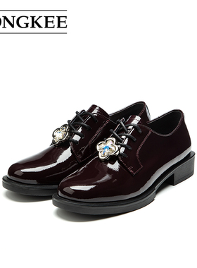 Hongkee/红科单鞋女2025新款时尚牛漆皮系带低跟深口女鞋H815D311