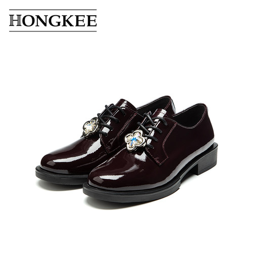 Hongkee/红科单鞋女2025新款时尚牛漆皮系带低跟深口女鞋H815D311