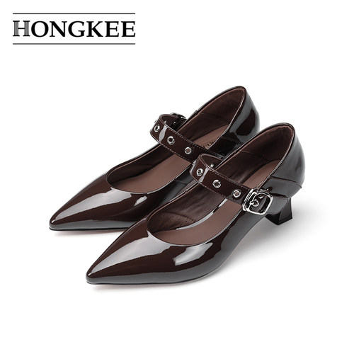 Hongkee/红科女鞋尖头高跟鞋2024秋季新款浅口单鞋小皮鞋HD64D304
