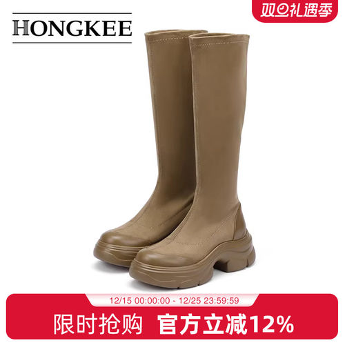 Hongkee/红科长筒靴2024早秋新款靴子厚底弹力女靴瘦瘦靴HD94D422