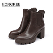 Hongkee 牛皮厚底防水台高跟切尔西女靴H074S402 红科短靴2024新款