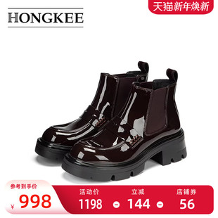 亮面时尚 新款 粗跟切尔西靴HA85M426 红科短靴女2025秋冬季 Hongkee