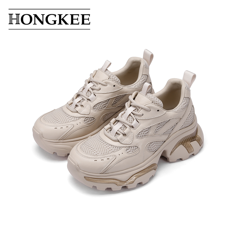Hongkee/红科女鞋2024新款厚底老爹鞋网面休闲女鞋HB24X201