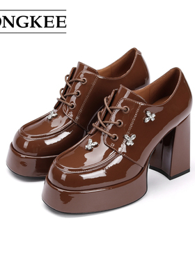 Hongkee/红科厚底小皮鞋防水台高跟系带单鞋HA84S113