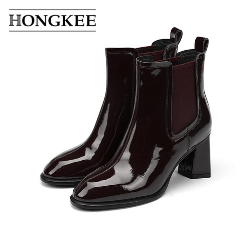 Hongkee/红科2024秋冬新款高跟短靴牛漆皮粗跟时尚女靴子H814D402