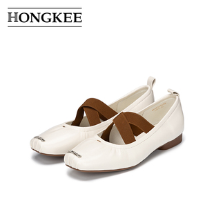 Hongkee/红科女鞋2026新款方头低跟芭蕾风交叉带浅口单鞋H696J101
