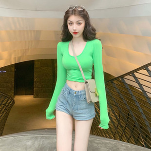 早秋港风长袖 露脐上衣潮 T恤女网红ins超火内搭打底衫 紧身显瘦短款